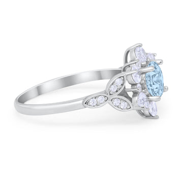 Floral Wedding Cluster Ring Simulated Aquamarine CZ 925 Sterling Silver